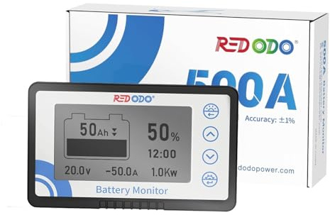 Redodo 500A Battery Monitor with Shunt, 8V-120V, 20ft Cable, High and Low Voltage Programmable Alarms for LiFePO4, Gel, Lead - Acid Batteries