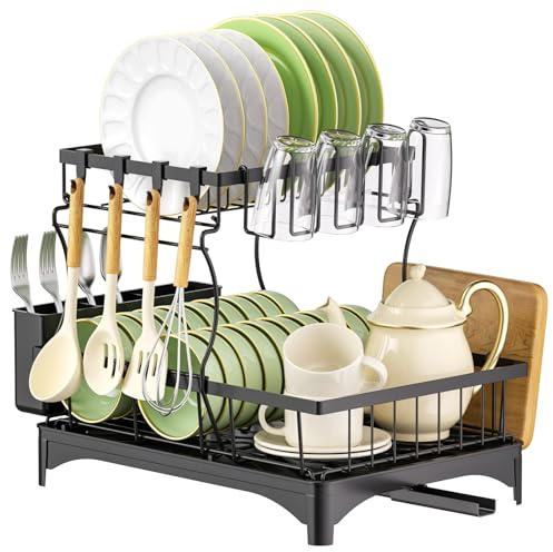 Yissvic Abtropfgestell Geschirr 2-stufiges Edelstahl Geschirrabtropfgestel mit Abtropfschale praktischem Messerhalter Schneidebrett-Ablage und drehbarem Auslauf Schwarz