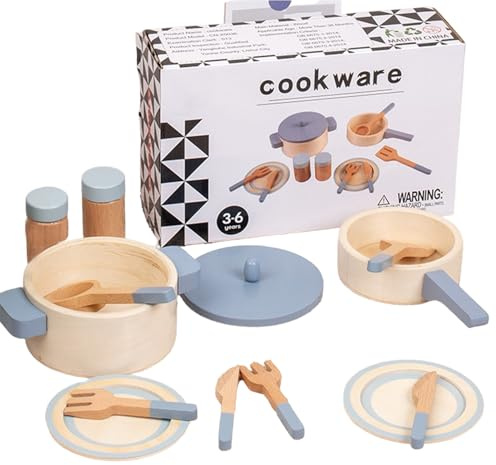 Set di giocattoli da cucina in legno - da 10 finta pentole e padelle | Utensili e di cottura in legno naturale per bambini | Regalo di Natale/compleanno (700 g, età 3+)