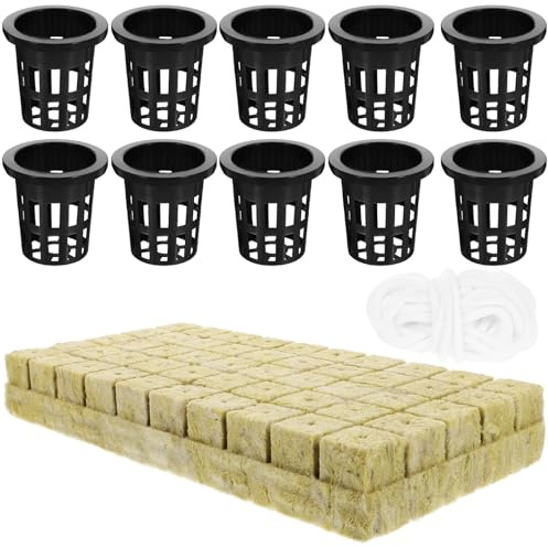 BESPORTBLE Kit de Sistema de Cultivo Hidropónico Cubos de Lana Mineral para Jardín Interior y Exterior, Cesta de Plantación 25x25x40 Mm, 50 Unidades Riego Automático y Cuerda de Algodón 10