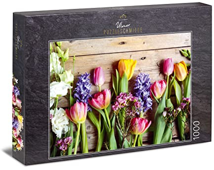 Ulmer Puzzleschmiede - Puzzle Fleurs de Printemps - Puzzle 1000 pièces - des Tulipes colorées et des Fleurs printanières
