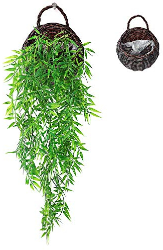 ANZOME Kunstpflanze Hängend Künstliche Pflanzen mit Holzkorb, Hängepflanze Künstlich Efeu Künstlich 107cm für Büro, Küche, Garten, Party Wanddekoration (Bambusblatt)