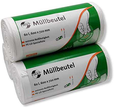 3 Rollen à 50 Stück DEISS FIRST PLUS Müllbeutel 60 Liter weiß