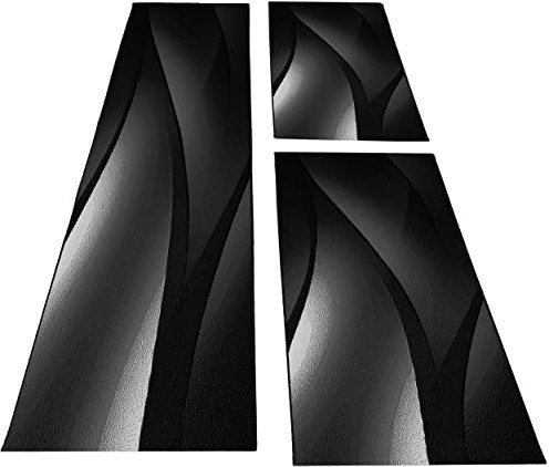 Kurzflor Läufer Set 3 Teilig Wellen Muster Weich & Soft Bettumrandung Schlafzimmer Flur Kinderzimmer Teppich 6 mm Florhöhe Farbe Schwarz Grau, Farbe:Schwarz, Bettset:2 mal 80x150 cm + 1 mal 80x300 cm