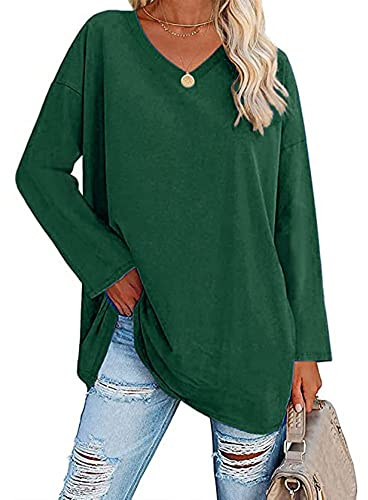 Famulily Women's Plus Size Long Sleeve Tee Shirt Soft Cotton T Shirts Ladies V Neck Tunic Tops Green L