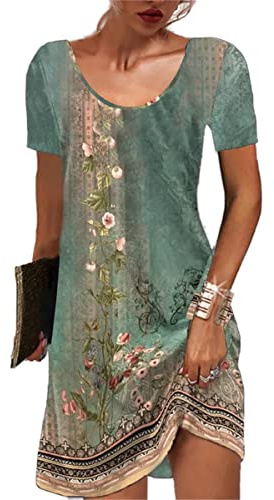 GRMLRPT Robe Femme Bohème Manches Courtes Col Rond Fleurie MiniRobe Robe Fleurie Imprimé Libre Tunique Robe Loisir(Vert,S)