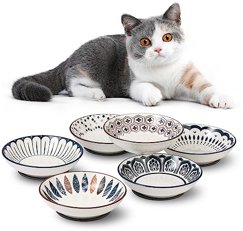 Katzen Futternapf Fressnapf Katze Keramik - Katzennapf mit Rutschfester Matte - Katzennäpfe Set - Katzenfutter Napf Klein - Katzenschüssel Flach - Futterschale Katze - Katzen Napfset - 6 Stück - 250ml