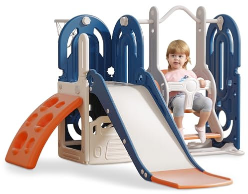FUKEA Climbing Slide with baby swing, 5 in 1 Toddler Slide with Climbing Frame, Swing, Storage Box, Basketball Hoop, Indoor Outdoor Garden Playground Climbing Theme Baby Slides for Toddlers Age 1-3