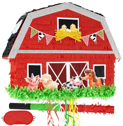 WERNNSAI Piñata de granero y animales de granja, con venda y murciélagos, decoración de cumpleaños infantil, fiesta temática de granja, suministros