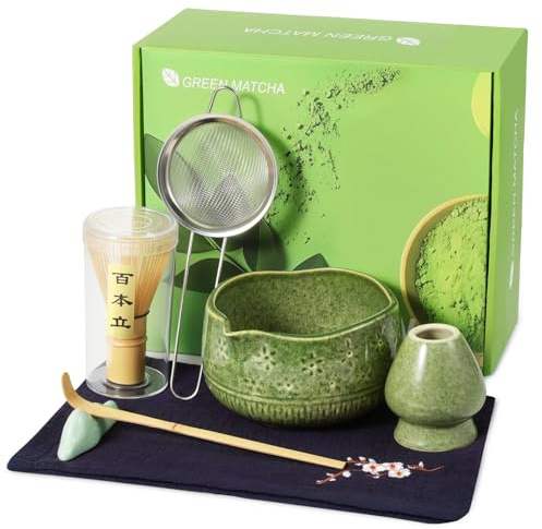 Kssiaz Juego de Batidor de Matcha, 7 Pzas Kit de Matcha para Ceremonia de Té, Juego de Té Matcha para Preparar Desayuno, Cuenco de Matcha con Pico, Batidor y Soporte, Tamiz, Cuchara, Verde