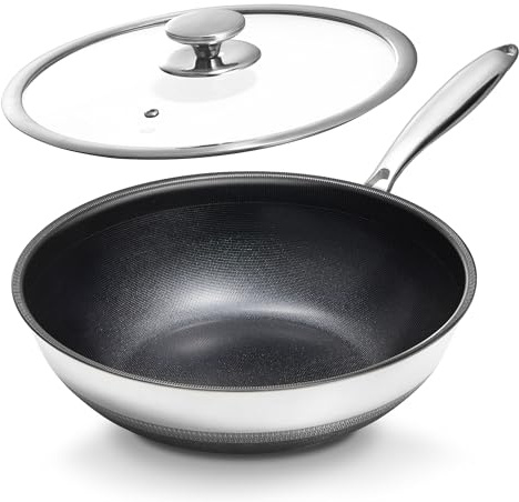 KOKHUB Induction Non Stick Wok, 30 cm Titanium Ceramic Stainless Steel Wok Pan with Lid, Deep Stir Fry Pan, PFOA & PFAS Free, Suitable for All Hobs, Large Capacity for 3-5 People