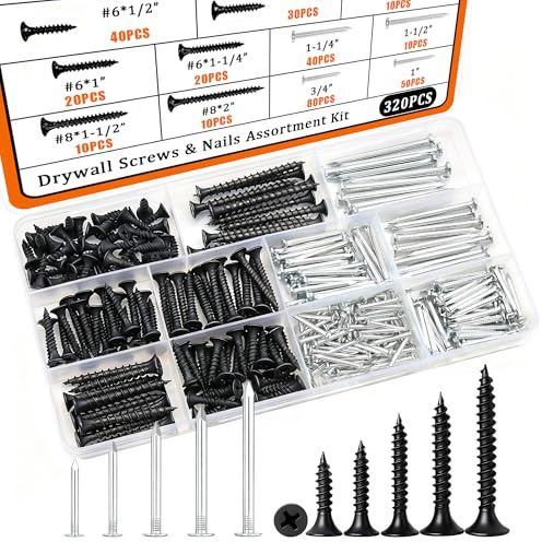 Dianrui Nails & Wood Screws Assortment Kit, 320 PCS #6#8 Philips Black Drywall Screws Set and High Hardness Hardware Small Nails for Picture Hanging/DIY Repair Project Length 1/2 to 2