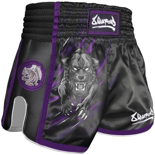 8 WEAPONS Muay Thai Shorts Beastial Panther, Kinder Thaibox Shorts Satin, Schwarz-Lila, Kickboxhose für Kinder, Größe 4-6 Jahre, Atmungsaktiv, Langlebig, Kampfsporthose MMA, K1, Boxen, Thai Boxen