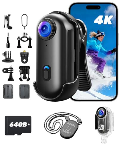 NNYYMH Mini Action Camera 4K Con Scheda da 64 GB, Body Cam WIFI Magnetica, a Mani Libere, POV con Clip Ruotabile a 360°, Custodia Impermeabile per Passeggiate con Animali Domestici, Bicicletta, Vlog