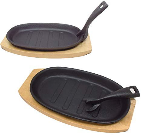 Vintage Gourmet ® Cast Iron Sizzle Platter Set (24cm x 14cm) and (28cm x 18cm) with Wooden Trivets and Removable Handles