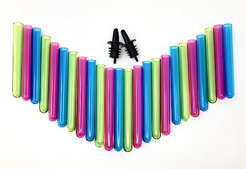 DESERT MERCANTILE 24 Neon Test Tube Shot Glasses - with 2 BONUS Liquor Pourers for Spill Free Pours for Bachelorette Parties, Bars, Pool Parties, Man Caves, New Year's Eve, and more.