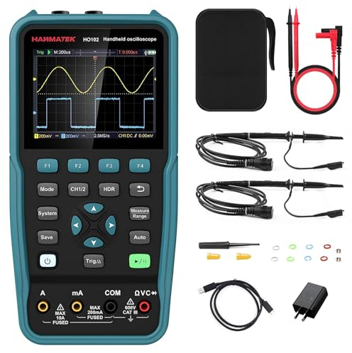 HANMATEK Handheld Digital Oscilloscope 100MHz Bandwidth 2-Channel HO102 3.5TFT Mini, 2-in-1 Oscilloscope and Multimeter, Backlit Screen, Auto-Calibration Function, Memory Function