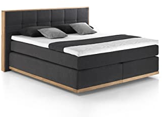 Mivano Levana Boxspringbett mit Sockel aus Eiche, 7-Zonen-Federkern, Matratzen H3 + Topper Premium, Chenille, Schwarz, Liegefläche 180 x 200 cm
