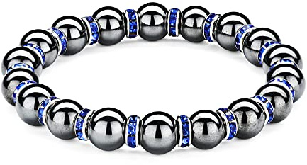Braccialetto magnetico in ematite, Bracciale magnetico nero, allevia il dolore articolare, elimina l'elettricità statica, migliora il sonno (Cerchio blu+magnete nero di grado A, 10mm)