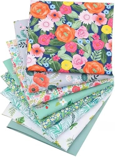 CraftsFabrics 8 Piezas (40 x 50 cm) Estampado Floral Verde 100% Tela de Algodón Pack Cuadrados para Quilting, Patchwork, Manualidades