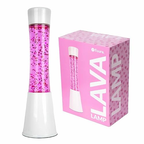 Fisura - Lámpara de lava rosa. Base blanca, líquido rosa y purpurina de corazones. Lámpara efecto relajante. Con bombilla de repuesto. 11 cm x 11cm x 39,5 cm.