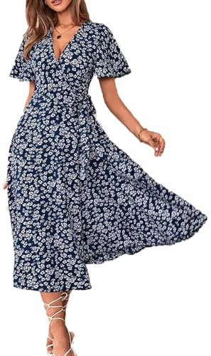 BSLVWG Women's Short Sleeve V Neck Wrap Waist Summer Dress Midi Casual Floral Sundress Midi Dresses Holiday Dress (UK, Alpha, XL, Regular, Regular, Blue)