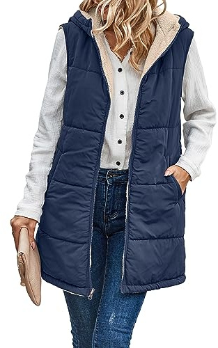 Famulily Puffer Sleeveless Long Gilets For Women Reversible Fleece Vests Zip Up Thick Hooded Coat with Pockets Navy XL