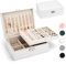 Yarmiene Portagioie Donna, Porta Gioielli da Viaggio con 2 Strati di Portagioie da Viaggio in Pelle PU, Scatole Portagioie Portatile Organizzatore per Riporre Orecchini, Collane, Anelli, Bianco Perla