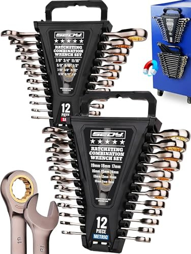 Premium 24-Piece Ratchet Wrenches Set with Magnetic Organizer, SAE 1/4-7/8 & Metric 8mm-19mm, Cr-V Steel Ratcheting Wrench Set, Ratchet Combination Wrench Set for Automotive, Machine Repair