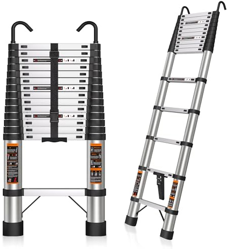 Telescoping Ladder 14.5 FT Telescope Ladder Stainless Steel, Extension Collapsible Telescopic Ladders with 2 Hooks Folding Extendable Adjustable Portable Rv Ladders for Home Roof, 330lbs Max Capacity