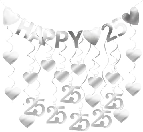 Elegant 25th Birthday & Anniversary Silver Decorations - 19-Piece Set with Swirls, HEART Pendants & Banner | Sparkling Foil Garland for Weddings, Parties, Baby Showers | Durable PVC & Paper