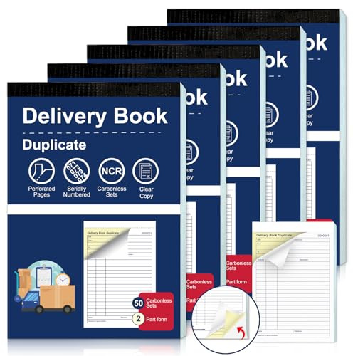 5 Pack Delivery Note Book A5 Tear-Off Duplicate Delivery Book NCR 2-Part Carbonless Paper 50 Sets per Book 148 x 210mm Integrated Cardboard Backing Board Blue