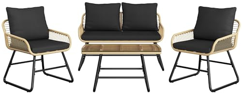 Yaheetech Mobili da Giardino Balcone 4 Pezzi Polyrattan, Salotto Esterno Divanetto 2 Posti con 2 Poltrone e Tavolo, Cuscini Morbidi Rimovibili, Struttura Resistente Sole Pioggia Stile Boho Beige/Nero