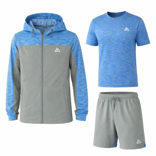 ALPS ATG Mens 3Pcs Sports T-Shirt, Shorts & Hooded Jacket Set – Lightweight, Super Stretch, Quick Dry, Breathable Activewear for Running, Gym, Training[MWA05 - Blue,XXL]