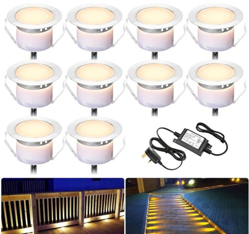 INDARUN Warm White Led Decking Lights Waterproof IP67 0.6W Ø31MM - Lighting for Terrace/Patio/Path/Wall/Garden/Decoration, 10 Packs