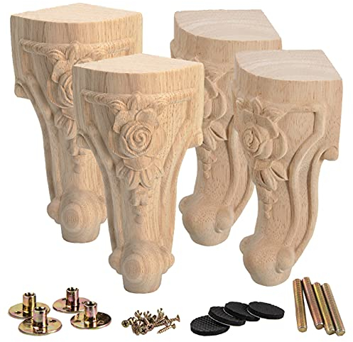 La Vane 4 Stück Massivholz Möbelfüße 15cm (6 Zoll) - Europäischer Stil Handgeschnitzte Tischbeine, Ersatzfüße für Sofa, Bett, Schrank, Couch & Stuhl - Hochwertige Holzdekoration