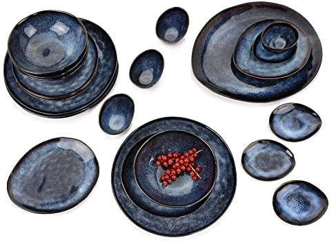 Sänger | Teller Set & Servierplatten Tokio 23 tlg, Geschirrset 4 Personen, Steingut, Tafelservice inkl. Speiseteller Servierplatten Schüssel Set Dunkelblau mit Schwarzen Akzenten | PREMIUM COLLECTION