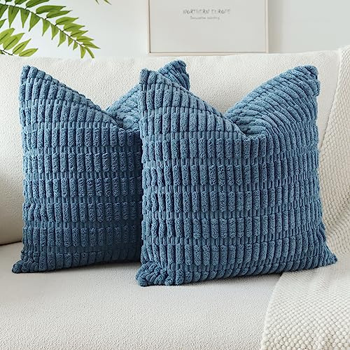 JOTOM Set of 2 Corduroy Soft Striped Cushion Covers 45x45 cm Decorative Throw Pillow Covers Square Cushion Case Home Boho Decor Pillow Cases for Couch Sofa Bedroom 18x18 Inch (Dusty Blue)