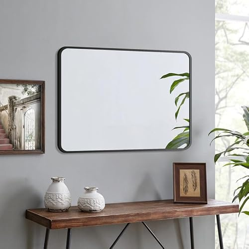 WOWINNE Spiegel Schwarz 80x60 cm Wandspiegel Schwarz mit Metallrahmen Badspiegel Badezimmerspiegel Dekorative Spiegel für Badezimmer Wohnzimmer Schlafzimmer Gäste WC