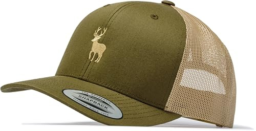 Trucker Cap Flexfit Snapback : Hirschbock - Jäger-Hut Outdoor Cap - Cappi Geschenk für Jäger Natur Baseball Cap Kappe Mütze Outdoor Kletter Ausrüstung Wander Zubehör (Mossgreen/Khaki)