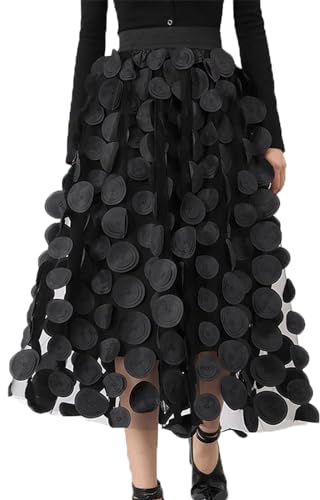 Tüllrock Damen 3D Polka Dot Faltenrock Mesh Flowy Geburtstag Hochzeitsfeier Einfarbig Lang Rock (Schwarz, One Size)