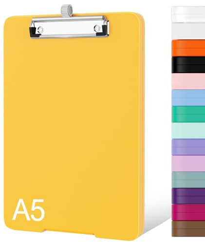 Piasoenc Kleines Klemmbrett mit Aufbewahrung, A5-Klemmbrett mit Stifthalter, Kunststoff-Klemmbrett mit niedrigem Profil-Clip für Krankenschwestern, Lehrer, Lawer, Gelb