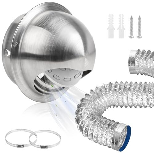 LALAGO 125 mm Rejilla de Ventilación Redonda de Acero Inoxidable con manguera de 2 m, Integrado Contra el Reflujo Solapa Rejilla de Protección la Intemperie, Anti-Mosquito de Ventilación de la Pared