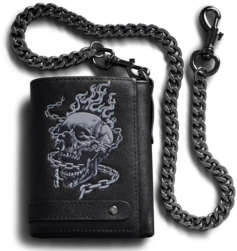 skneephate Herren Geldbörse Leder Mit Kette,Totenkopf Biker Brieftasche Dreifach Faltbares Portemonnaie Herren RFID Schutz,Geschenk Für Ihn (Black)