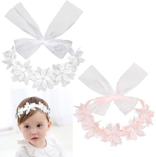 Ultra Soft Stretch Baby Headbands 2 Pack, Delicate Floral Lace Hair Accessories for Newborn Infant & Toddler Girls, Comfortable Fit for Photos & Daily Wear