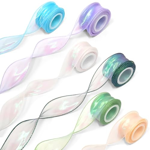 6 Rolls of 40mm Ribbons for Gift Wrapping, Transparent Organza Ribbon, White, Green, Blue, Iridescent Organza Ribbon, Chiffon Wide Gift Ribbons for Wedding Christmas Invitations Bouquet Crafts Decor