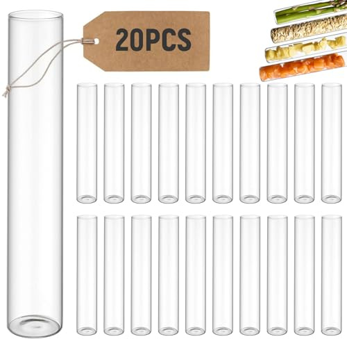 Forbabe Lot de 20 tubes à essai en verre, 20x150mm Tube à essai à fond plat en verre borosilicate Tubes à essai pour fleurs/vase/laboratoires