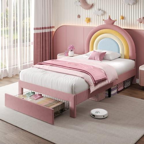 Merax 3ft Single Upholstered Bed with Adjustable Rainbow Headboard, 90x190cm Pink Velvet Bed Frame with Storage Drawer, No Box Spring Needed, Stylish Crown Design – Easy Assembly (No Mattress)