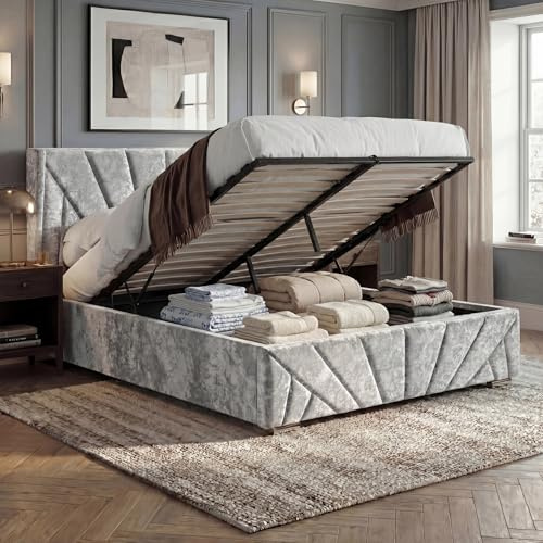 Blisswood Small Double Ottoman Bed, Velvet Upholstered 4ft Bed Frame with Headboard, UKFR Wooden Ottoman Storage Bed with Gas Lift End Opening, Bedroom Furniture (Crushed Velvet Silver, 130 x 205 cm)