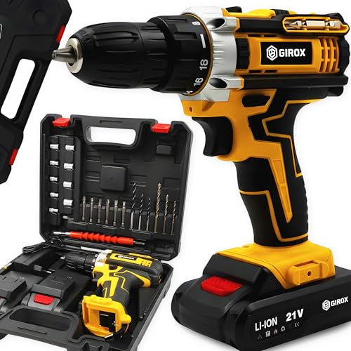 Girox - Akku Bohrschrauber 21V Gelb - Akkuschrauber Set mit 2x 2,0Ah Li-Ion Akku und Ladegerät - 2 Gänge 35 Nm - 10 mm Bohrfutter - LED und Wasserwaage - Tragekoffer - für Holz Metall Kunststoff